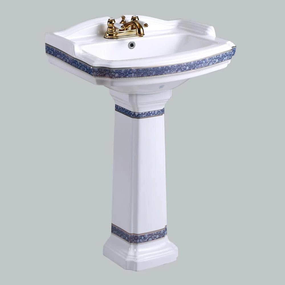 RENOVATORS SUPPLY MANUFACTURING India Reserve 22-7/8 in. Pedestal Combo Bathroom Sink in White Vessel Sink Basin with Blue and Gold Design Overflow 7 RENOVATORS SUPPLY MANUFACTURING India Reserve 22-7/8 in. Pedestal Combo Bathroom Sink in White Vessel Sink Basin with Blue and Gold Design Overflow - Image 5