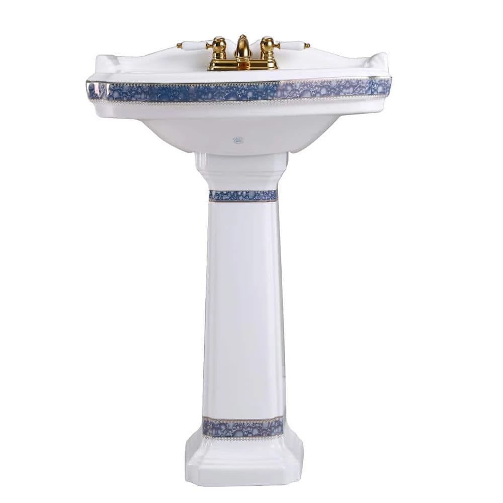 RENOVATORS SUPPLY MANUFACTURING India Reserve 22-7/8 in. Pedestal Combo Bathroom Sink in White Vessel Sink Basin with Blue and Gold Design Overflow 10 RENOVATORS SUPPLY MANUFACTURING India Reserve 22-7/8 in. Pedestal Combo Bathroom Sink in White Vessel Sink Basin with Blue and Gold Design Overflow - Image 8
