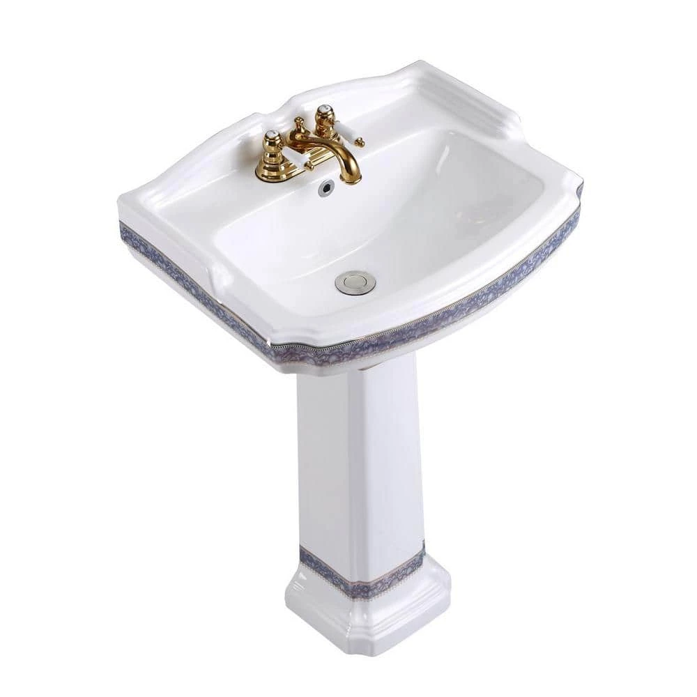 RENOVATORS SUPPLY MANUFACTURING India Reserve 22-7/8 in. Pedestal Combo Bathroom Sink in White Vessel Sink Basin with Blue and Gold Design Overflow 6 RENOVATORS SUPPLY MANUFACTURING India Reserve 22-7/8 in. Pedestal Combo Bathroom Sink in White Vessel Sink Basin with Blue and Gold Design Overflow - Image 4