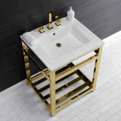 Kingston Brass 25 in. Ceramic Console Sink (8 in. in 3-Hole) with Stainless Steel Base in Polished Brass -Bathroom Sinks Sales white polished brass kingston brass console sinks hvwp2522w8a2 4f 1000