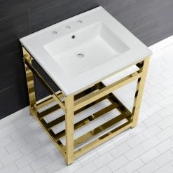 Kingston Brass 25 in. Ceramic Console Sink (8 in. in 3-Hole) with Stainless Steel Base in Polished Brass -Bathroom Sinks Sales white polished brass kingston brass console sinks hvwp2522w8a2 76 1000