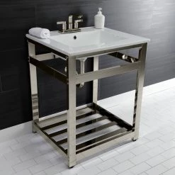 Kingston Brass 25 in. Ceramic Console Sink (4 in. in 3-Hole) with Stainless Steel Base in Polished Nickel -Bathroom Sinks Sales white polished nickel kingston brass console sinks hvwp2522w4a6 1f 1000