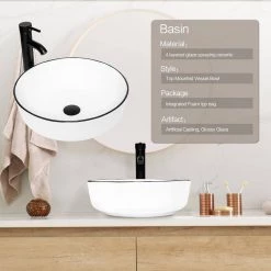 Puluomis White Ceramic Round Vessel Sink with Black Edges Design with Faucet Pop Up Drain Set -Bathroom Sinks Sales white puluomis vessel sinks us bg1010 1f 1000