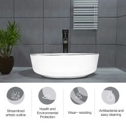 Puluomis White Ceramic Round Vessel Sink with Black Edges Design with Faucet Pop Up Drain Set -Bathroom Sinks Sales white puluomis vessel sinks us bg1010 44 1000