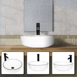 Puluomis White Ceramic Round Vessel Sink with Black Edges Design with Faucet Pop Up Drain Set -Bathroom Sinks Sales white puluomis vessel sinks us bg1010 4f 1000