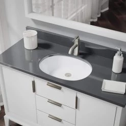 Rene Under-Mount Porcelain Bathroom Sink in White with Pop-Up Drain in Brushed Nickel