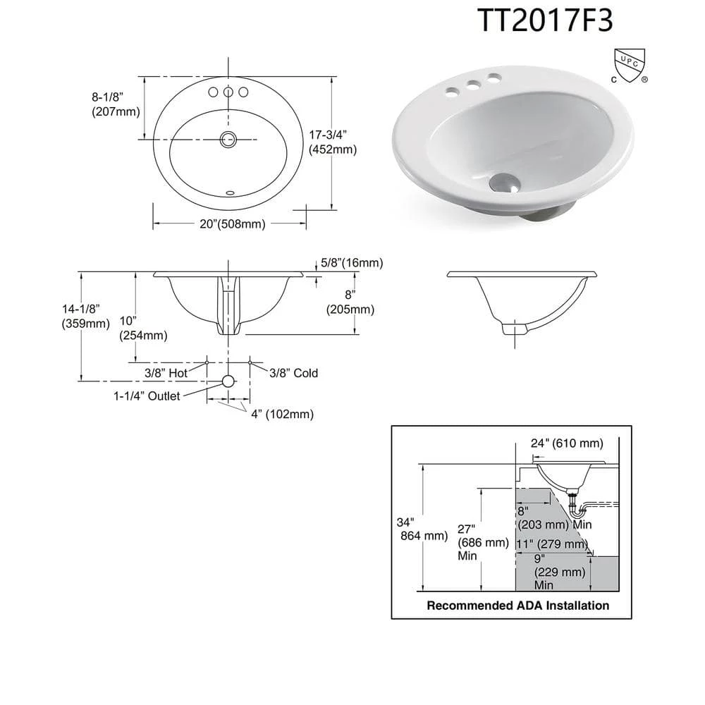 Satico Victorian 20 in. Ceramic Above Sink Basin in White 4 Satico Victorian 20 in. Ceramic Above Sink Basin in White - Image 2