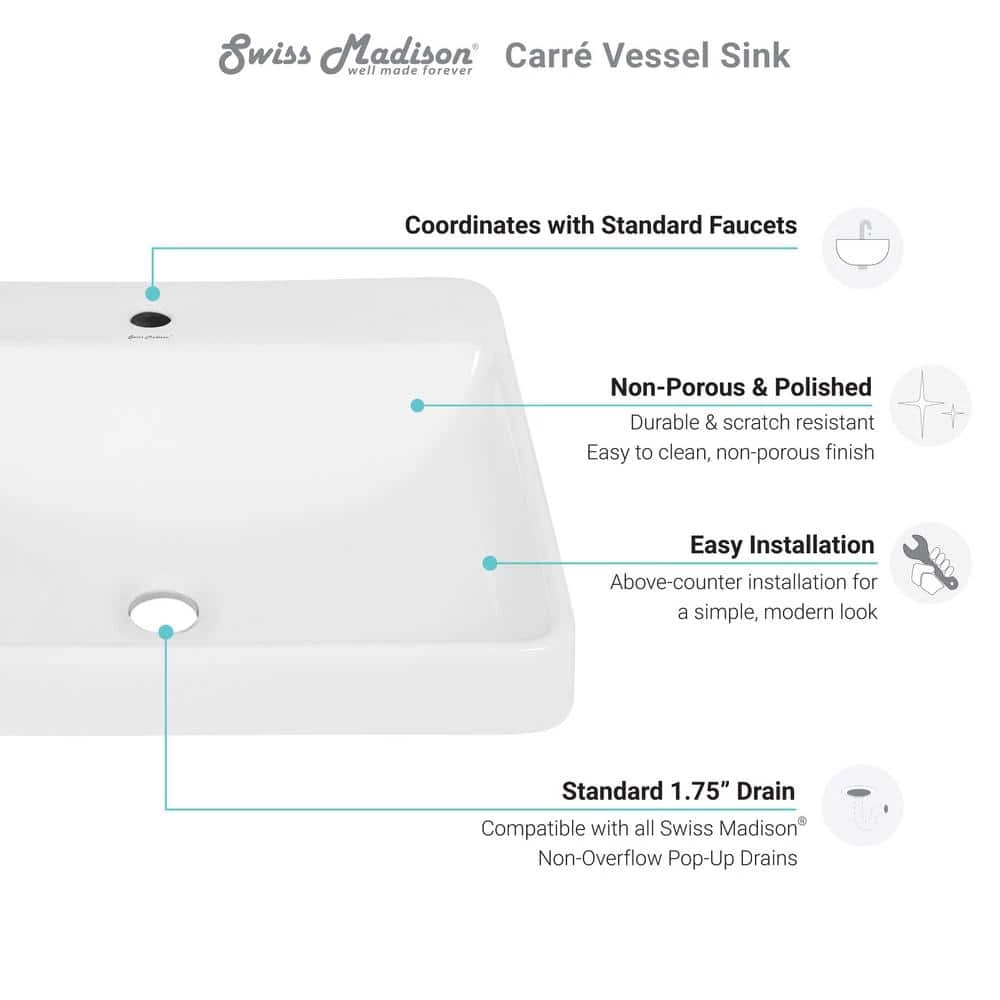 Swiss Madison Carre Rectangular Vessel Sink in White 10 Swiss Madison Carre Rectangular Vessel Sink in White - Image 8