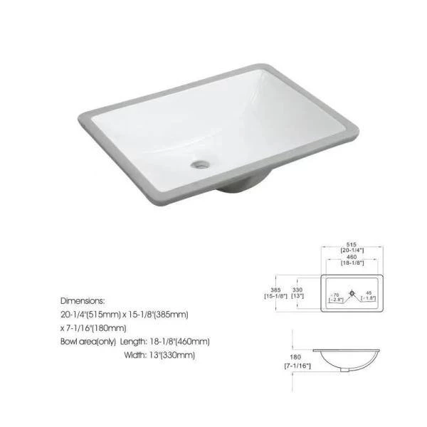 Taholi 20 in. x 15 in. x 7 in. Rectangular Ceramic Undermount Bathroom Sink in White 4 Taholi 20 in. x 15 in. x 7 in. Rectangular Ceramic Undermount Bathroom Sink in White - Image 2