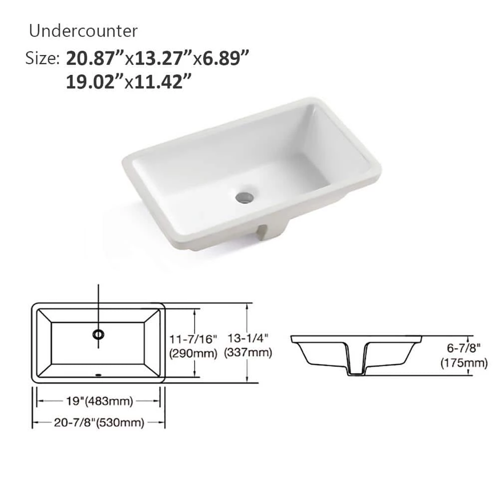 Amucolo 20.87 in. Ceramic Rectangular Undermount Bathroom Sink in White with Overflow 4 Amucolo 20.87 in. Ceramic Rectangular Undermount Bathroom Sink in White with Overflow - Image 2