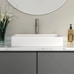 Logmey 24 in. x 16 in. Modern Bathroom Porcelain Ceramic Rectangular Vessel Sink Art Basin in White -Bathroom Sinks Sales white vessel sinks h lmp18006 4f 1000