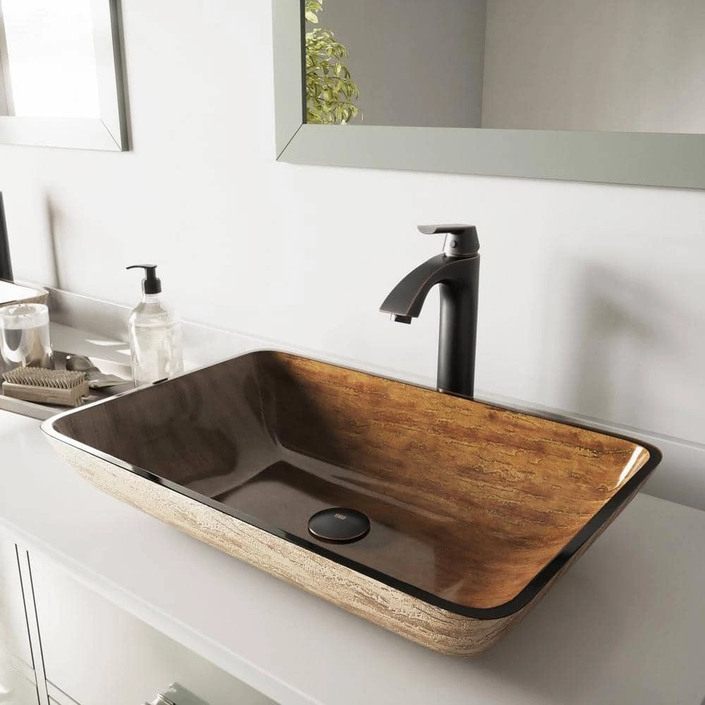 VIGO Glass Rectangular Vessel Bathroom Sink in Wooden Brown with Linus Faucet and Pop-Up Drain in Antique Rubbed Bronze 3 VIGO Glass Rectangular Vessel Bathroom Sink in Wooden Brown with Linus Faucet and Pop-Up Drain in Antique Rubbed Bronze